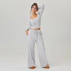 Women's Slouchy Square Neck Stripe Long Sleeve Crop Top & Low-Rise Wide Leg Trousers Co-ord, Minimalist Two Piece Outfits, Cozy Womenswear