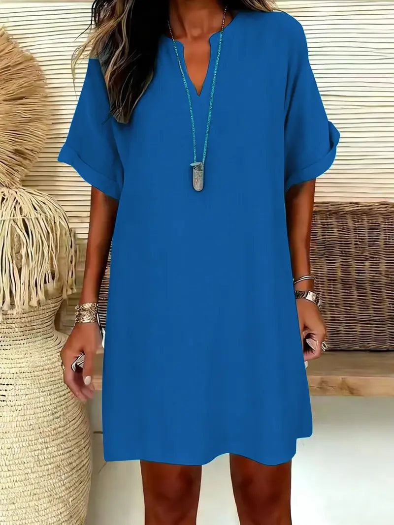 Women's Plain Notched-Neck Short Sleeve Midi Dress, Casual Chic Fashion Drop Shoulder A-Line Dress for Summer, Comfortable and Stylish Dress