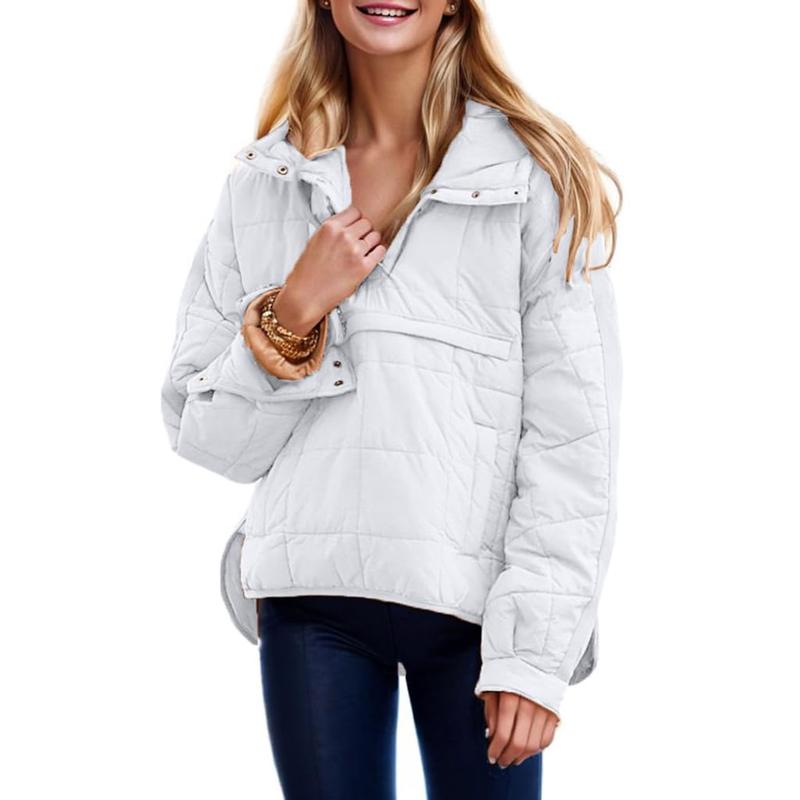 Women's Oversized Puffer Jacket Quilted Dolman Hoodies Pullover Long Sleeve Lightweight Warm Tops with Big Chest Pocket