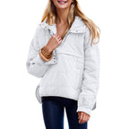 Women's Oversized Puffer Jacket Quilted Dolman Hoodies Pullover Long Sleeve Lightweight Warm Tops with Big Chest Pocket
