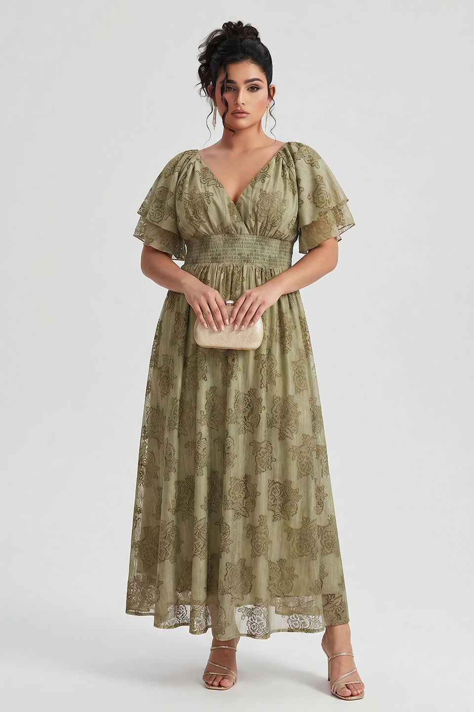Curveins Plus Size V Neck Batwing Sleeve Plaid Pattern Flowy Maxi Dress