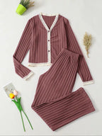 Women's V Neck Long Sleeve Pajama Set, Casual Fitted Sleepwear for All Seasons, Elegant Home Wear, 2pcs New Arrival