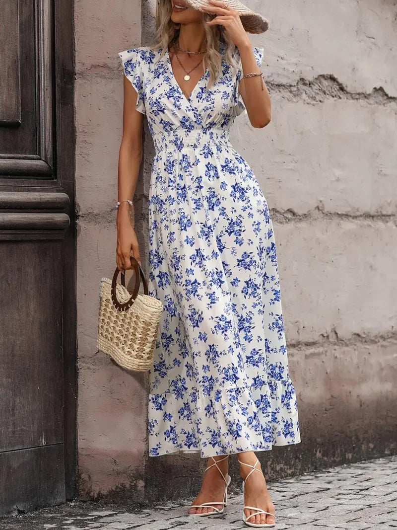 Women's Spring Summer Fashion Casual Floral V Neck Ruffle Waist Slim Bohemian Boho Style Dress, Long Cap Sleeve Fitted Wrap Dress for Vacation
