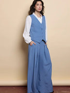 Women's suit, casual style, sleeveless jacket, loose trousers
