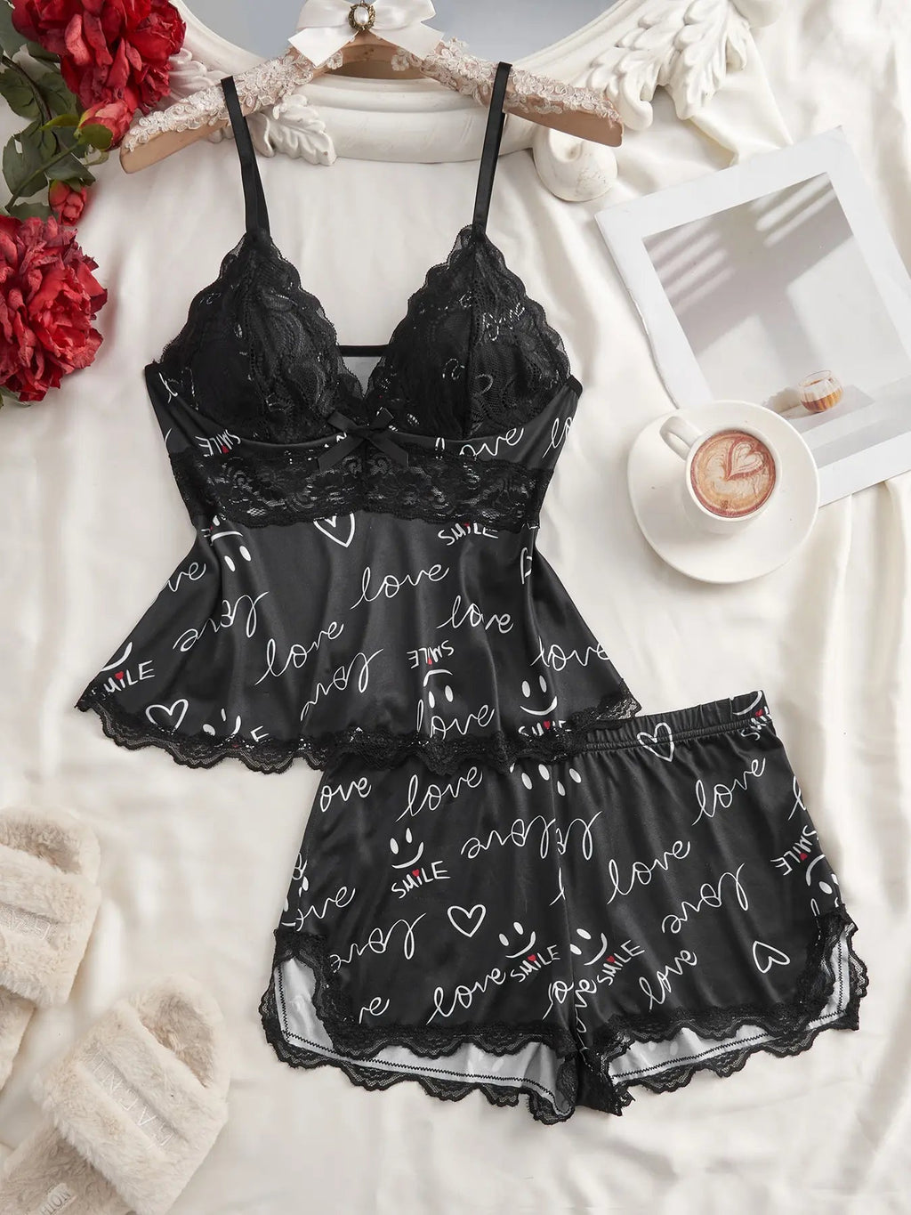 Women's Solid/leopard Print Strap Cami Top & Lace Trim Shorts Pyjama Two-piece Set, Casual Comfy Camisole & Shorts Pj Set, Ladies Sleepwear for All Seasons, Loungewear, Pajamas, Womenswear