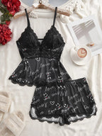 Women's Solid/leopard Print Strap Cami Top & Lace Trim Shorts Pyjama Two-piece Set, Casual Comfy Camisole & Shorts Pj Set, Ladies Sleepwear for All Seasons, Loungewear, Pajamas, Womenswear
