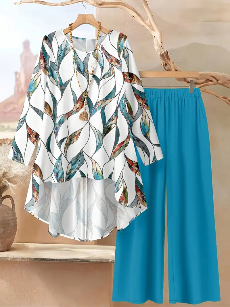 Women's Round Neck Irregular Long- Sleeved Fitted Top and Elastic Waist Solid Color Wide- Leg Pants Two-piece Matching Set, Suitable for Beach, Daily Outings, Holidays, Home, Casual Wear