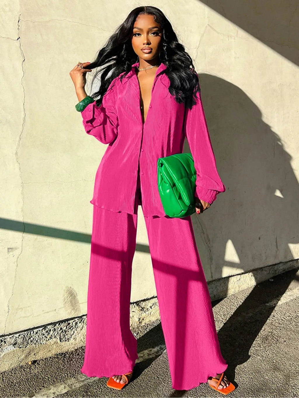 Women's Solid Button Front Shirt & Elastic Waist Pants Two-piece Set