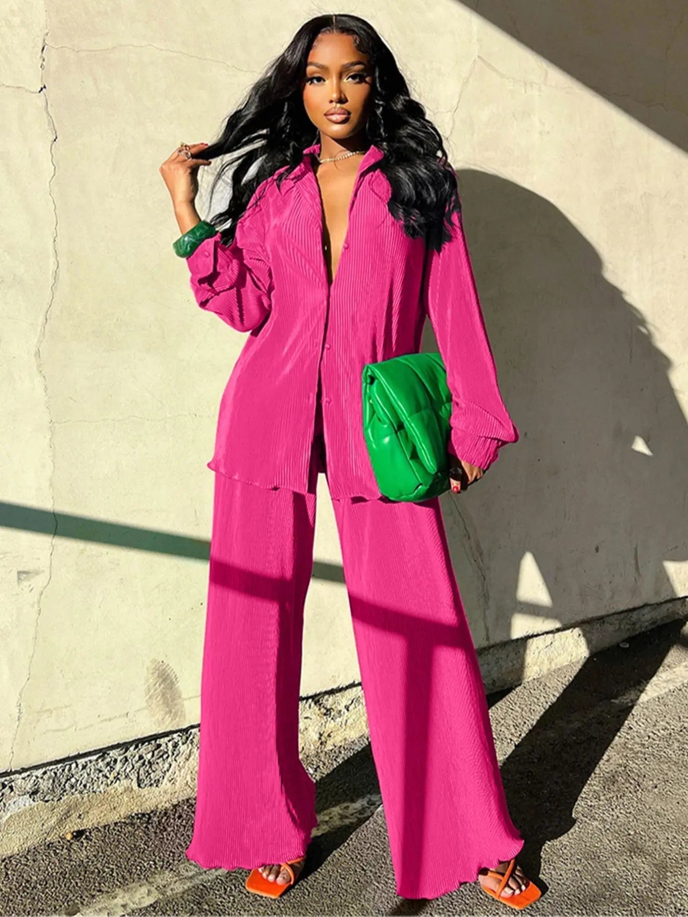 Women's Solid Button Front Shirt & Elastic Waist Pants Two-piece Set