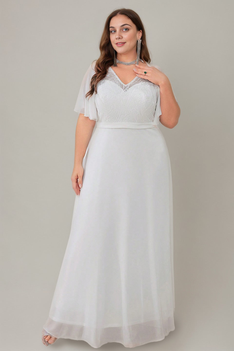 Curveins Plus Size Flowy Chiffon V-Neck  Formal Maxi Dress