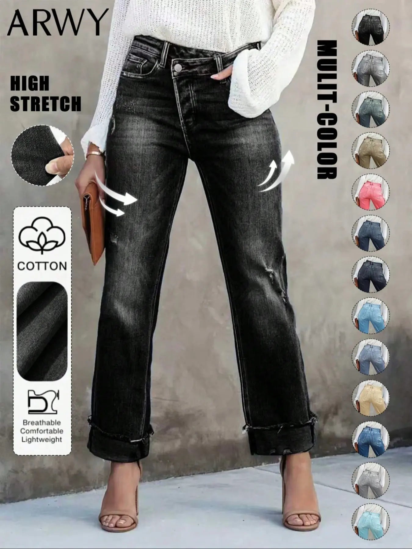 Women's Solid Color Jeans, Casual Comfy Denim Pants for Daily Wear, Ladies Bottoms for All Seasons