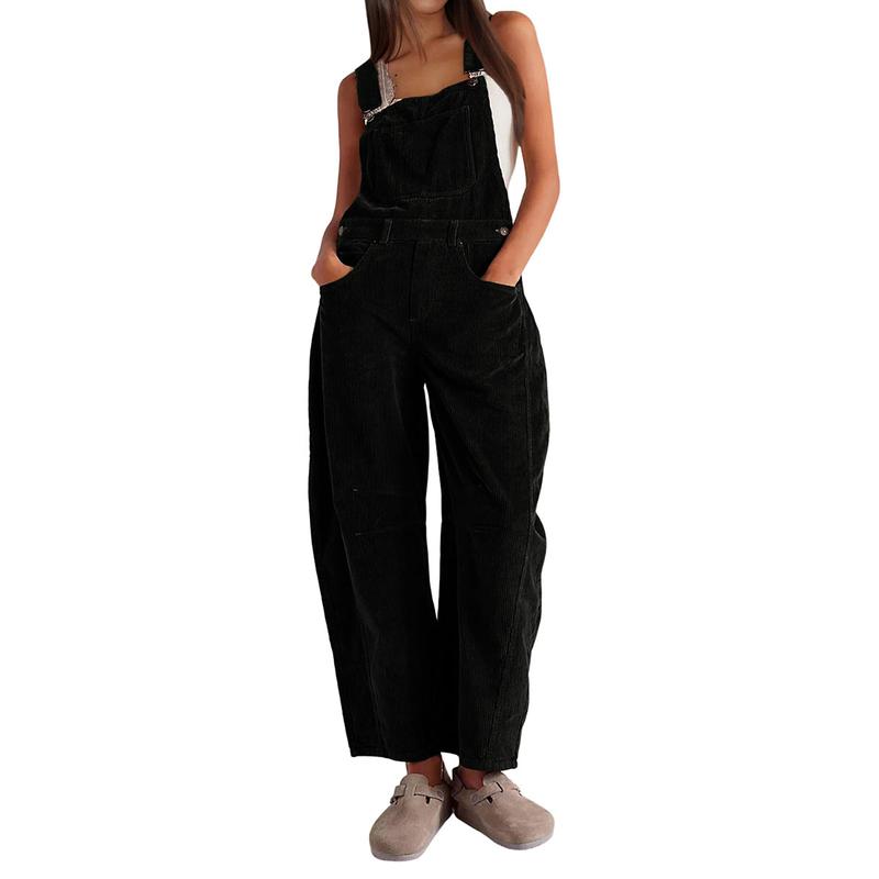 Corduroy Overalls for Women Barrel Wide Leg Bib Corduroy Pants Women Adjustable Romper Jumpsuit with Pockets
