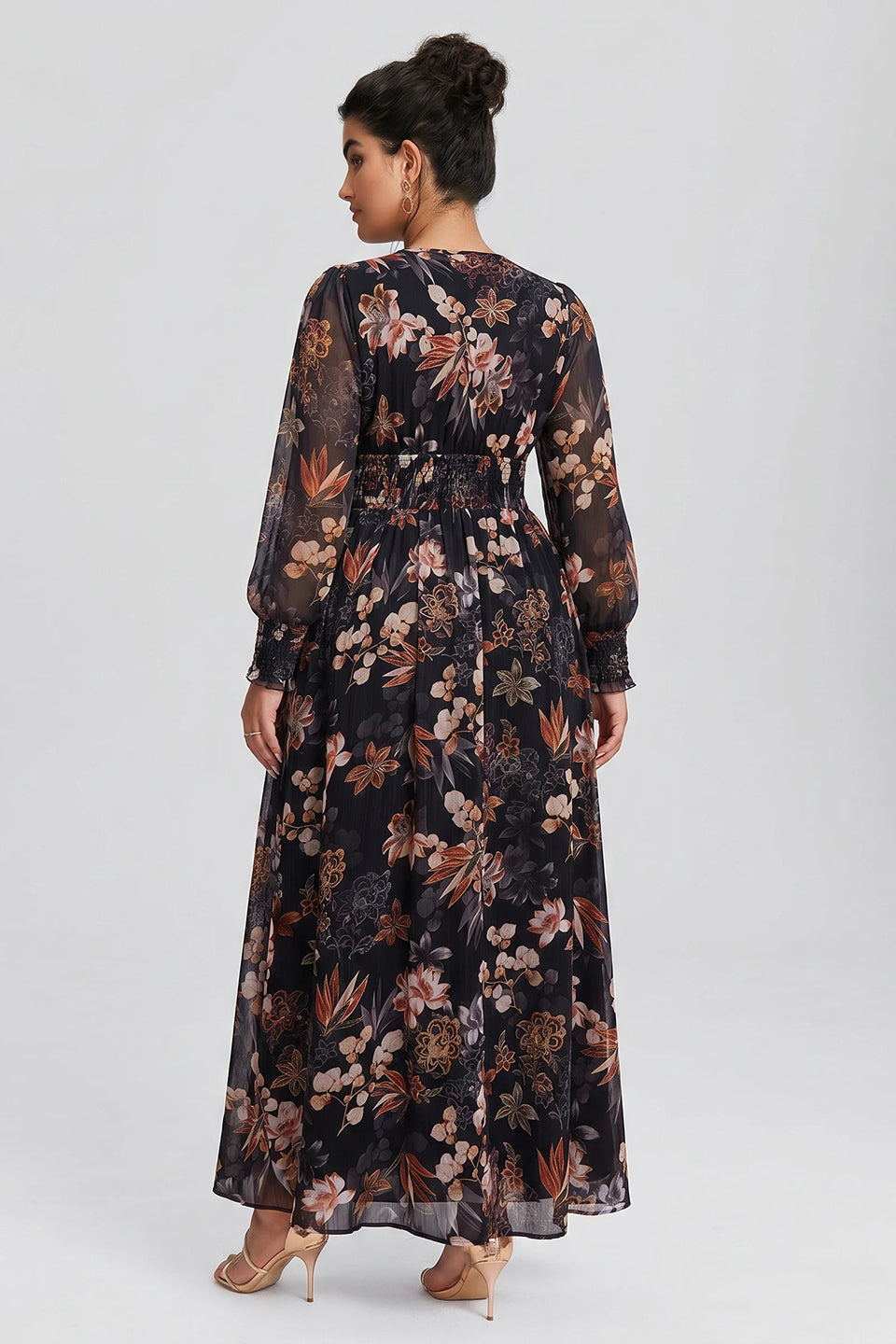 Curveins Plus Size V Neck Long Sleeve Floral Waist Maxi Dress