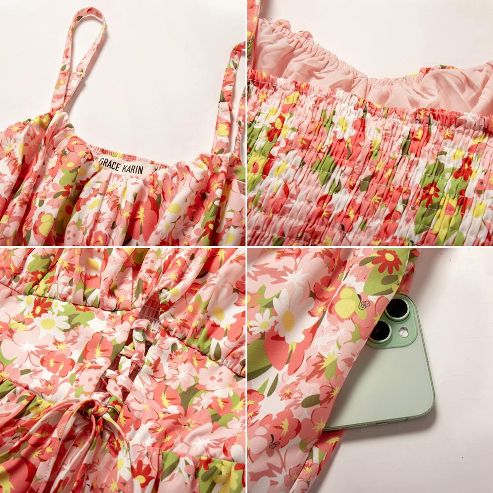 Women's Casual Bohemian Floral Maxi Sundress - Summer Spaghetti Strap Smocked Tiered Beach Dress with Pockets, Plus Size, Boho Clothes for Women