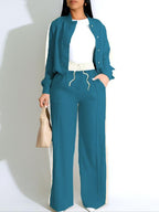 Two-piece Set Women's Patchwork  Top & Wide Leg Pants Set, Casual Long Sleeve  Outerwear & Pants for Daily Wear, Ladies Summer Clothes