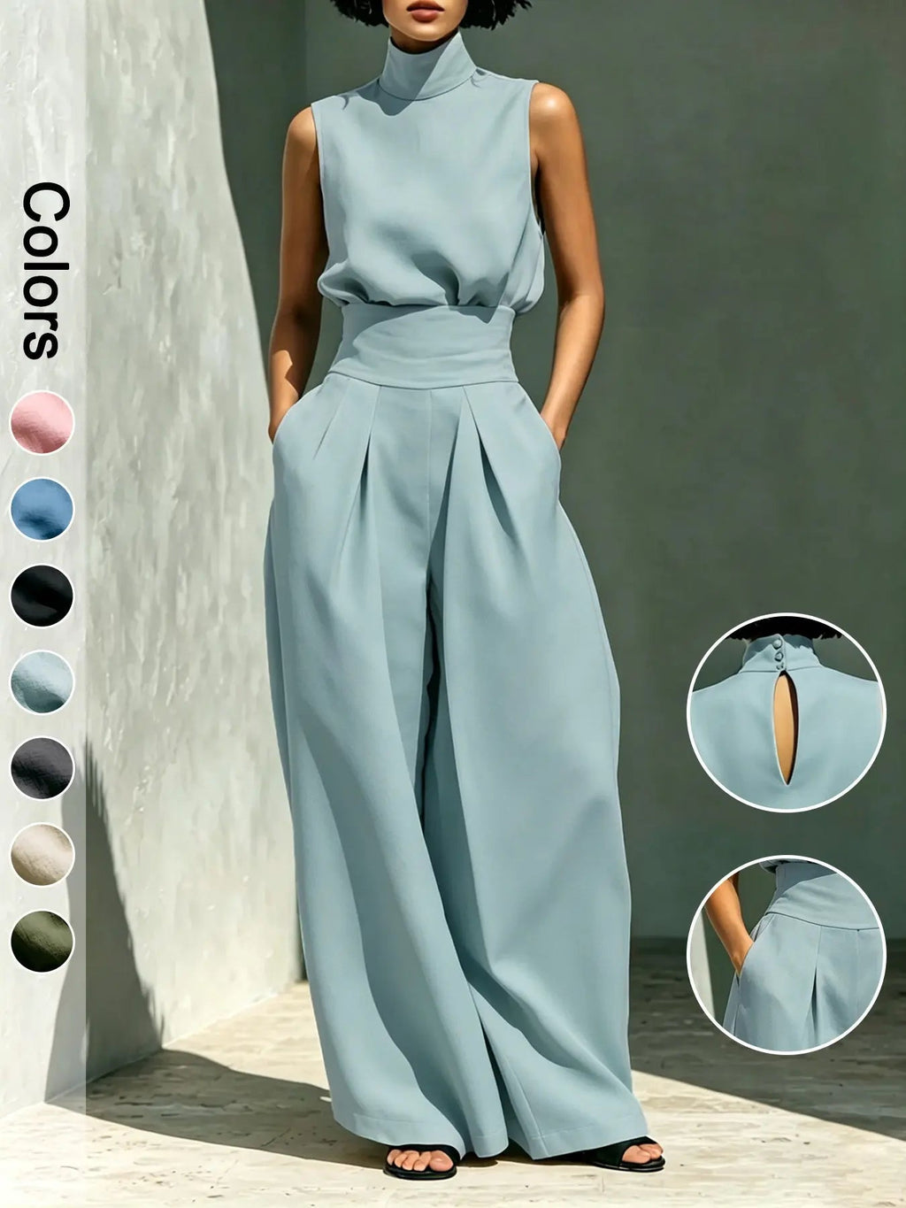 Women's Two-Piece Set High Neck Sleeveless Top and Long Pants, Elegant Style High Waist Wide Leg Pants Set, Fashionable Ladies