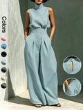 Women's Two-Piece Set High Neck Sleeveless Top and Long Pants, Elegant Style High Waist Wide Leg Pants Set, Fashionable Ladies