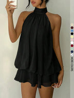 Women's Simple Solid Backless Halter One-Piece Jumpsuit, Elegant Ruffle Design, Perfect for Casual Wear, All Seasons Fashion