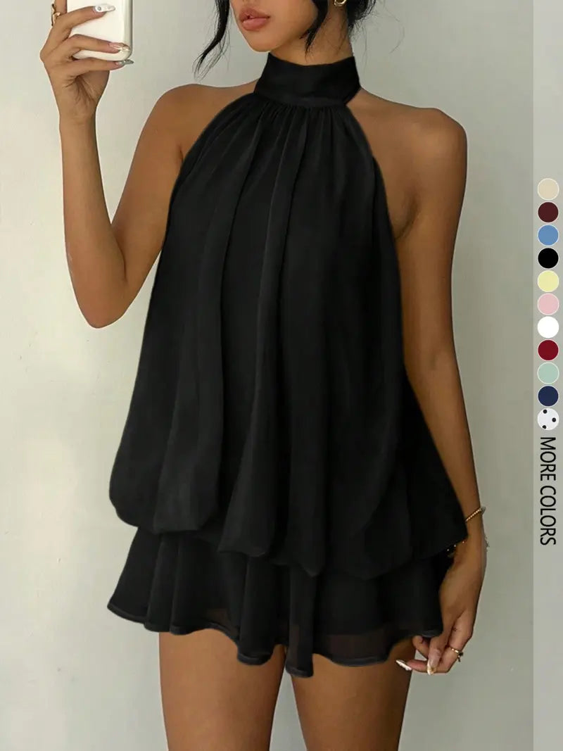 Women's Simple Solid Backless Halter One-Piece Jumpsuit, Elegant Ruffle Design, Perfect for Casual Wear, All Seasons Fashion