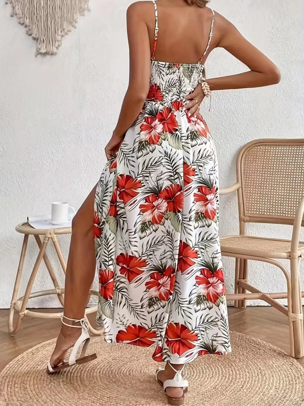 Women's Summer Holiday V-Neck Sleeveless Tropical Print Bohemian Maxi Dress with High Side Slit