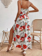 Women's Summer Holiday V-Neck Sleeveless Tropical Print Bohemian Maxi Dress with High Side Slit