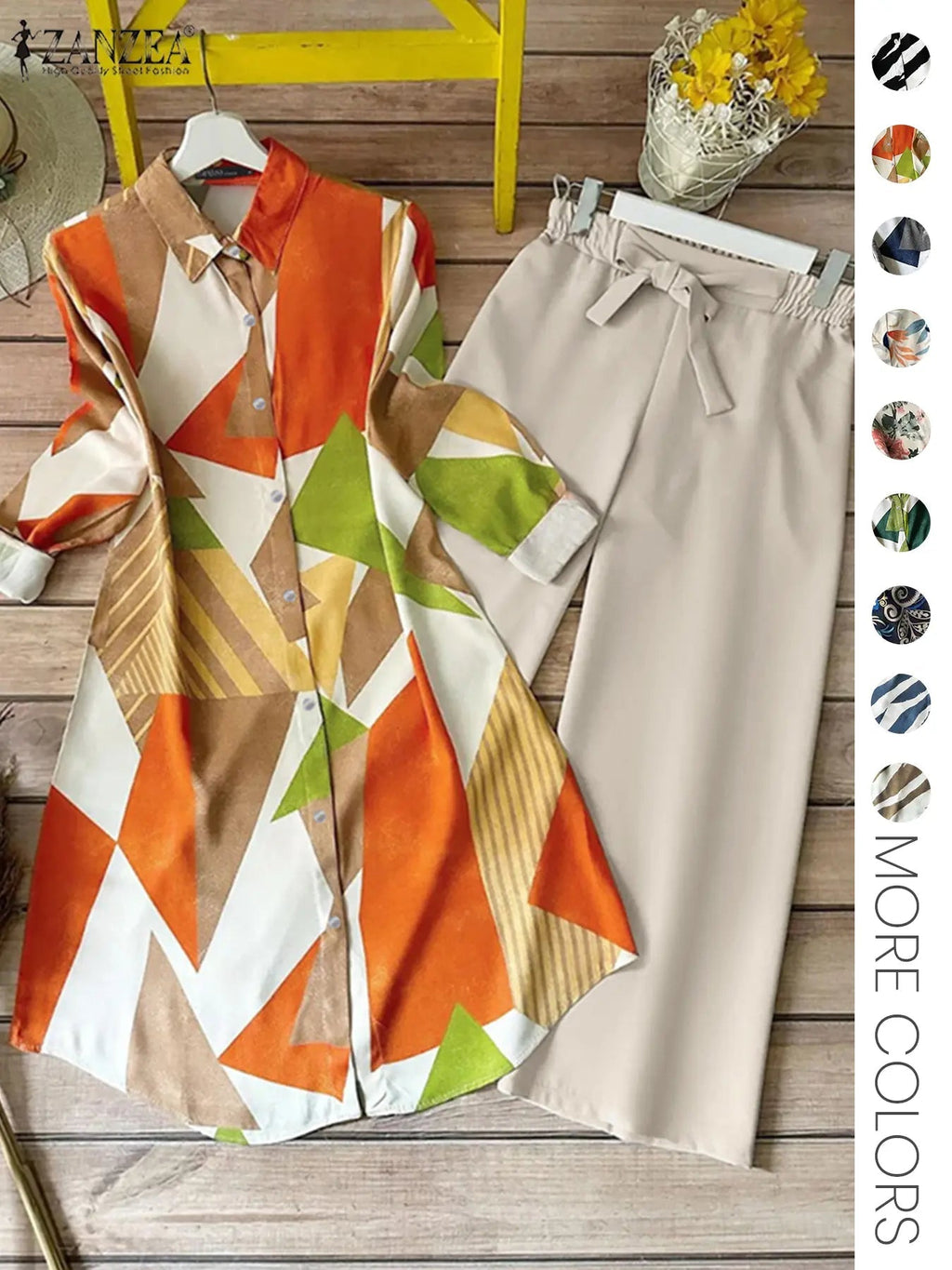 Two-piece Set Women's All Over Print Button Shirt & Wide Leg Pants, Casual Long Sleeve Collared Top & Trousers for Daily Wear, Ladies Clothes for All Seasons