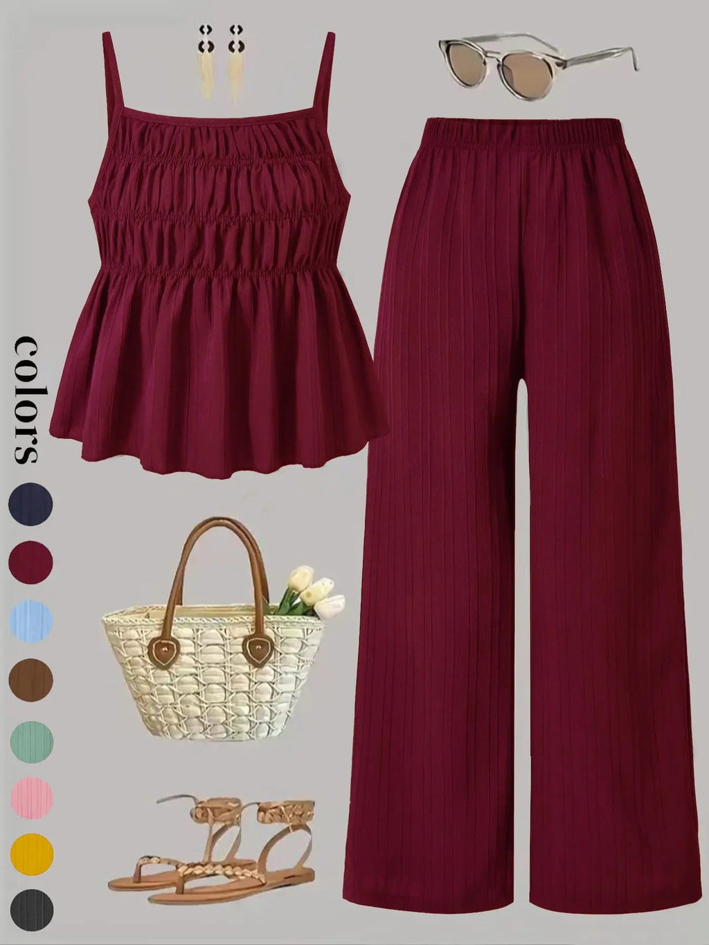 Two-Piece Set Women's Solid Color Cami Top & Wide Leg Pants Set
