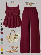 Two-Piece Set Women's Solid Color Cami Top & Wide Leg Pants Set