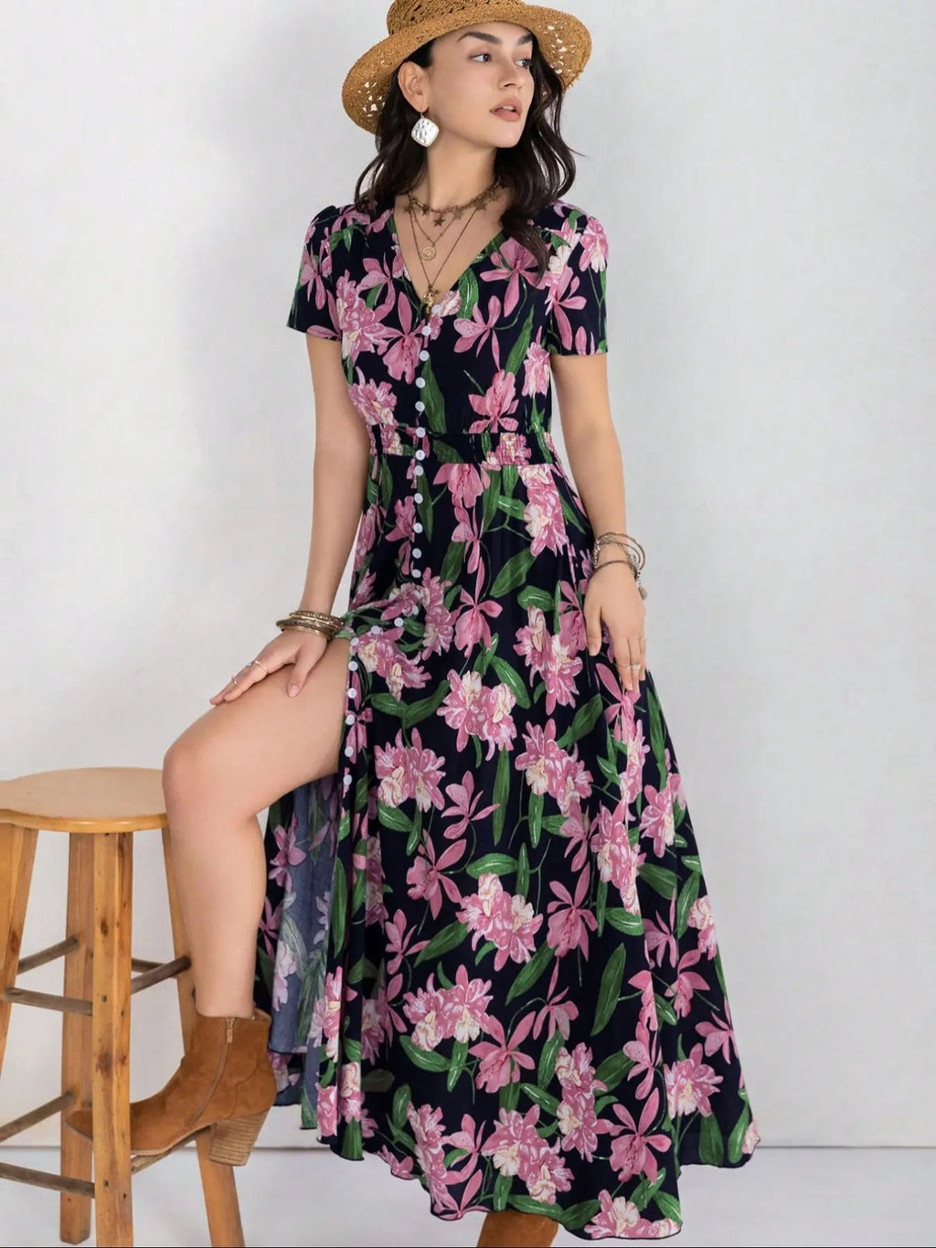 Women's Floral Print Button Front Shirred Bohemian Casual Wear Dress, Boho Pocket V Neck Short Sleeve A Line Dress, Women's Dress for Summer Beach Holiday Vacation, Casual Boho Chic