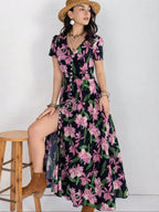 Women's Floral Print Button Front Shirred Bohemian Casual Wear Dress, Boho Pocket V Neck Short Sleeve A Line Dress, Women's Dress for Summer Beach Holiday Vacation, Casual Boho Chic