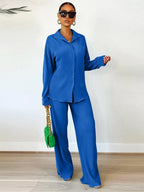 Women's Solid Button Front Shirt & Elastic Waist Pants Two-piece Set