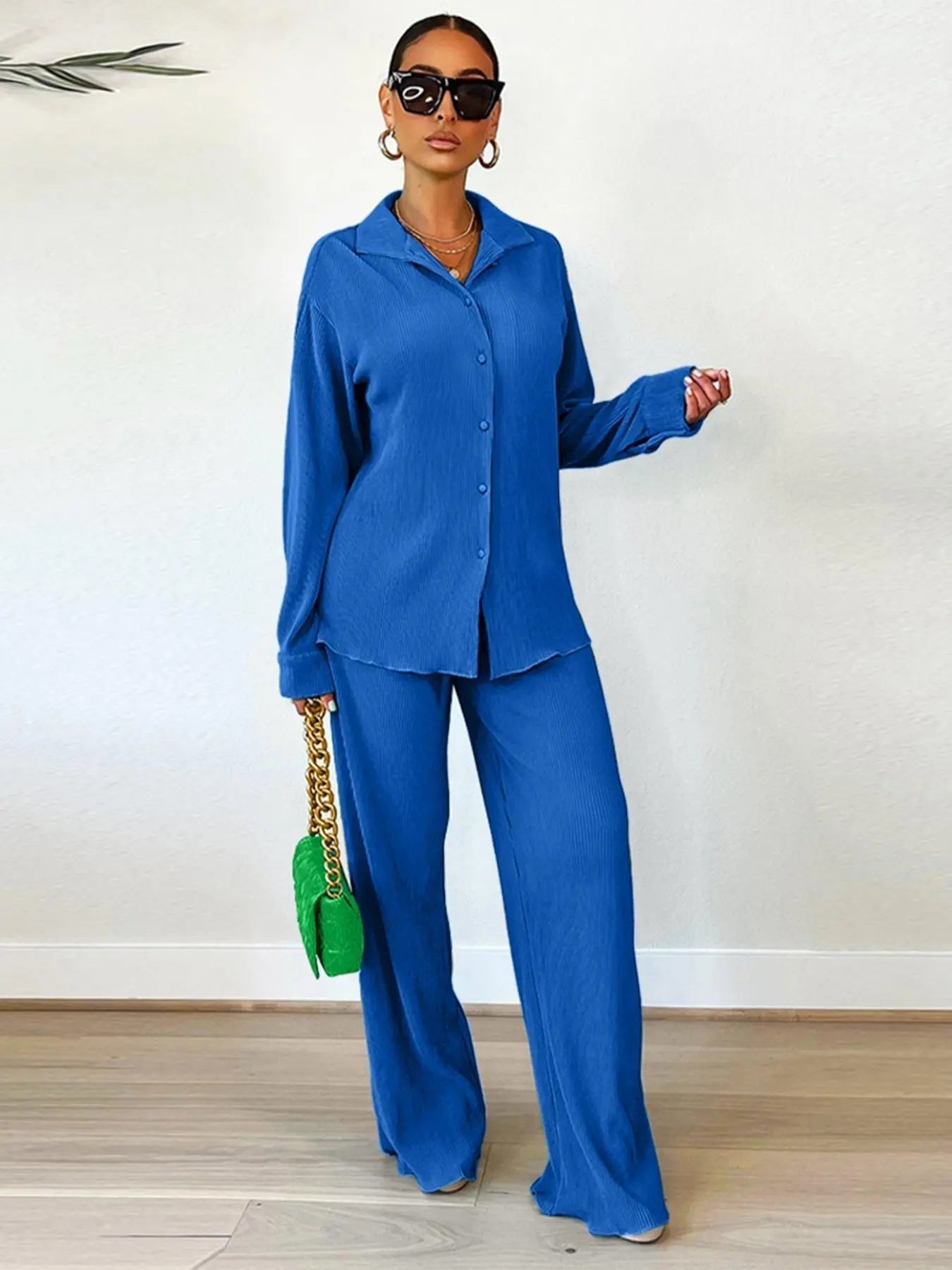 Women's Solid Button Front Shirt & Elastic Waist Pants Two-piece Set