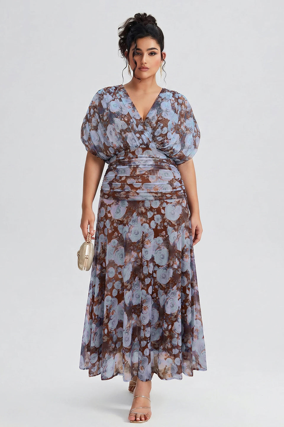 Curveins Plus Size V Neck Puff Sleeve Waist Defining Floral Print Elegant Maxi Dress