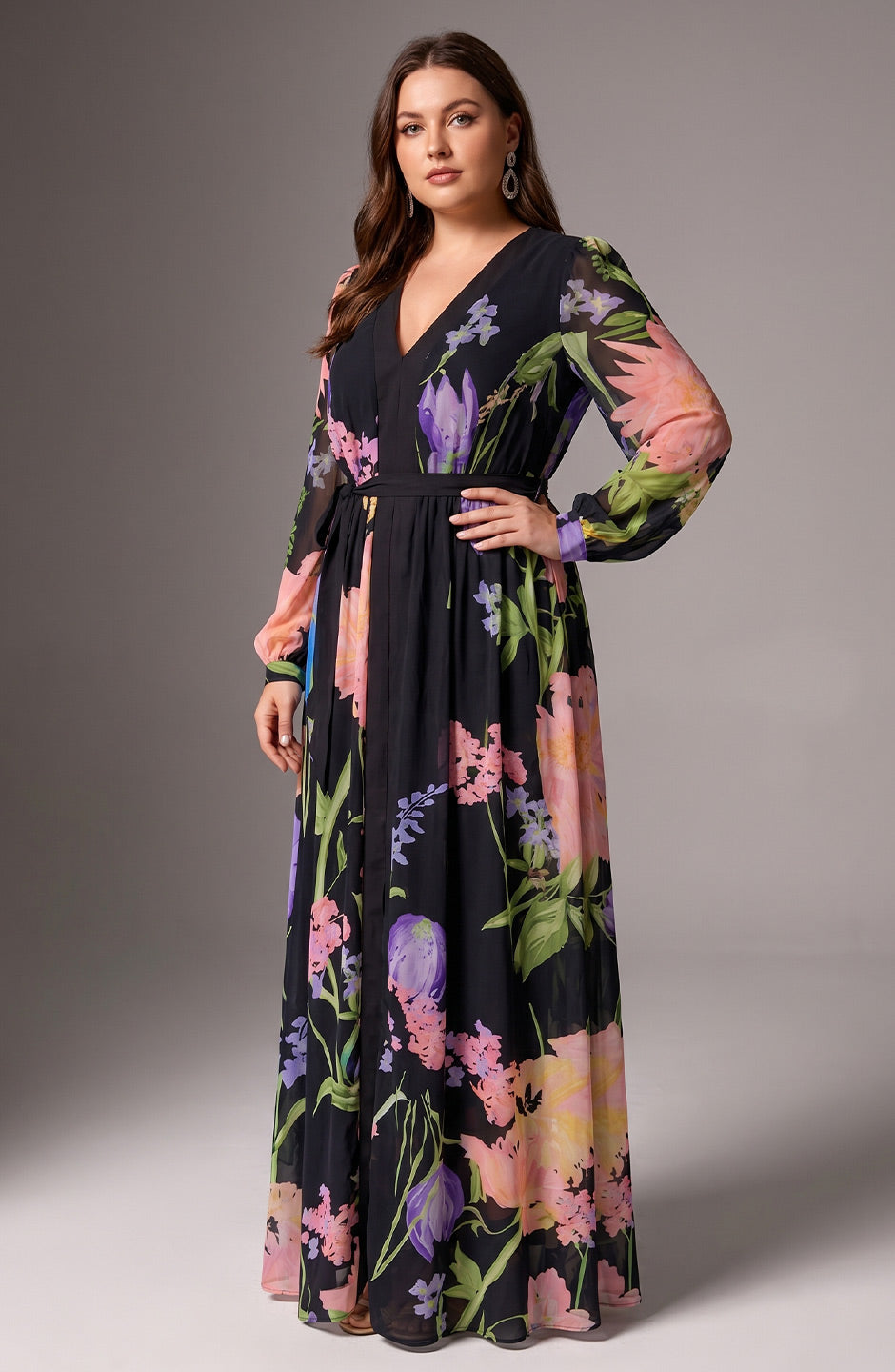 Curveins Plus Size V Neck Floral Long Sleeve Waist Tie Elegant Maxi Dress