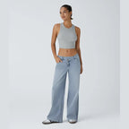 Asymmetric Low Rise Zipper Pockets Baggy Wide Leg Washed Casual Jeans