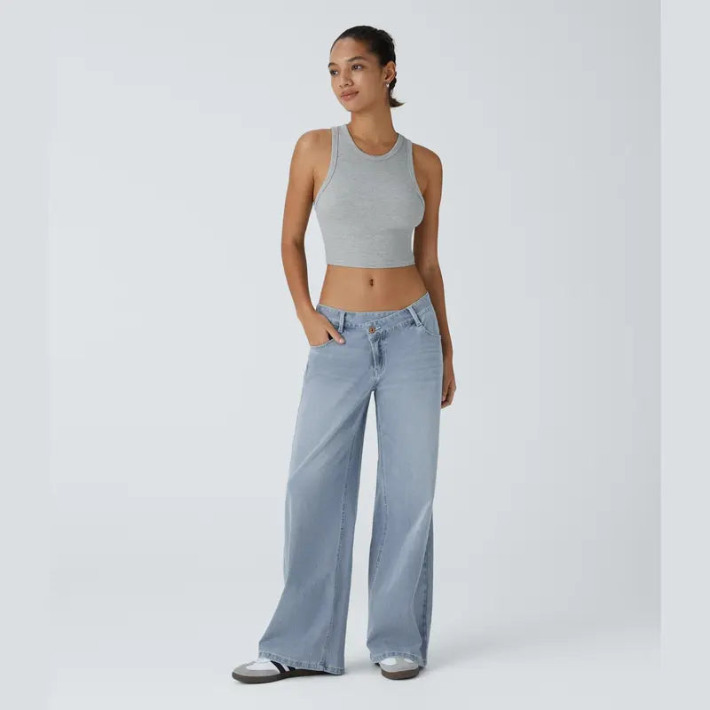 Asymmetric Low Rise Zipper Pockets Baggy Wide Leg Washed Casual Jeans