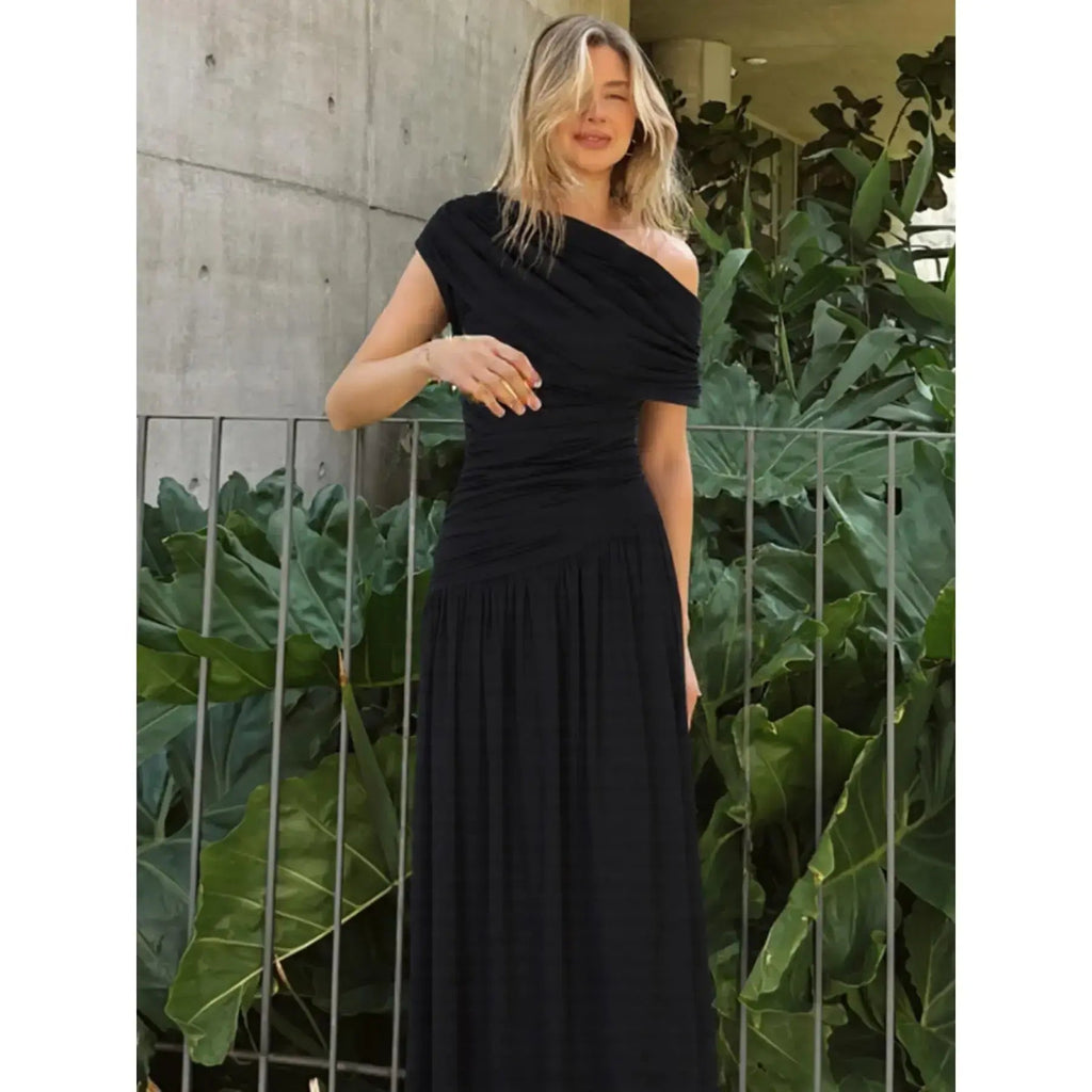 Women's Solid Color Ruched Dress, Elegant Dress Evening Party Gown, Ladies Summer Clothes, Asymmetrical Ruched Dress