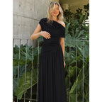 Women's Solid Color Ruched Dress, Elegant Dress Evening Party Gown, Ladies Summer Clothes, Asymmetrical Ruched Dress