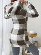 Women's  Plaid & Fluffy Trim Zip Front Hoodie Jacket, Ladies Casual In Fall/Winter