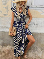 Women's Spring Summer Fashion Casual Floral V Neck Ruffle Waist Slim Bohemian Boho Style Dress, Long Cap Sleeve Fitted Wrap Dress for Vacation