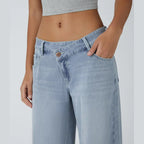 Asymmetric Low Rise Zipper Pockets Baggy Wide Leg Washed Casual Jeans