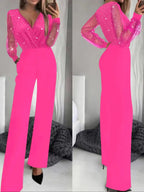 Women's fashionable and sexy black mesh sequin patchwork deep V-neck long-sleeved one-piece slimming wide-leg trousers, suitable for spring and autumn