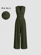 Women's Plain Ruched Deep V Neck Wide Leg Jumpsuit, Sleeveless Ribbed Jumpsuit for Daily Wear, Ladies Clothes for All Seasons, Casual Basic Jumpsuit, Casual Jumpsuits