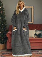 Autumn Winter Christmas Flannel Cotton Blend Hooded Long Robe, Soft Comfortable Homeewear with Vertical Pocket, Casual Plain Style