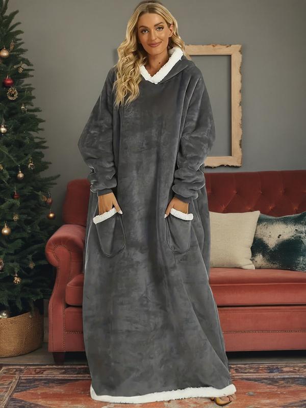 Autumn Winter Christmas Flannel Cotton Blend Hooded Long Robe, Soft Comfortable Homeewear with Vertical Pocket, Casual Plain Style