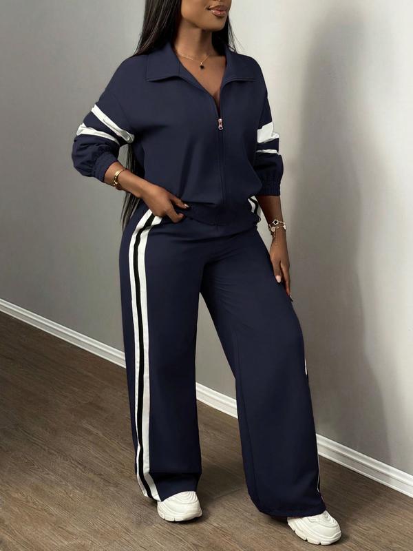 Women's Zipper Jacket & Striped Wide-Leg Pants Set, Streetwear & Casual, Two-Piece Suit for Daily Wear