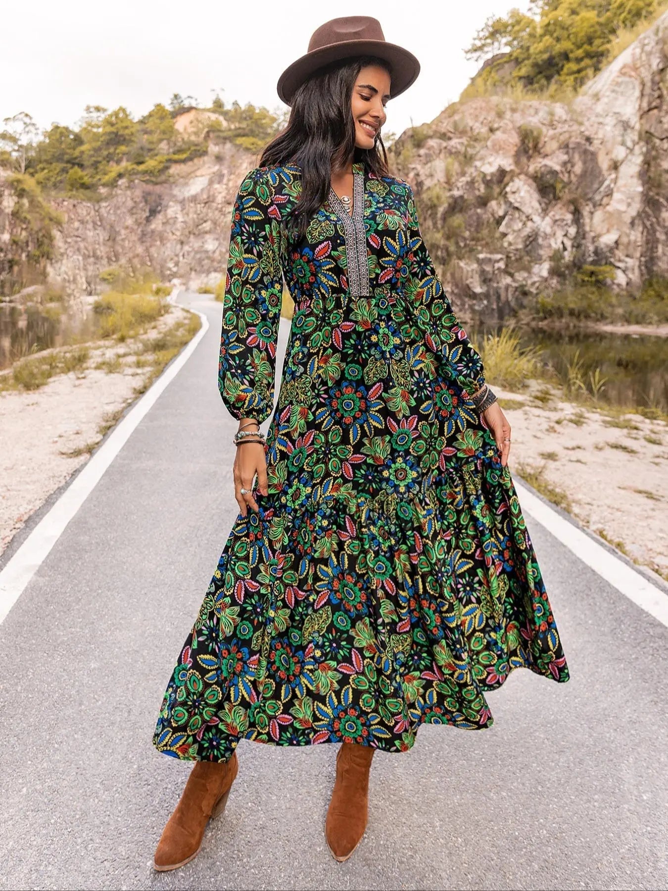 Women's Western Style Floral Print Embroidered Trim Bishop Long Sleeve Notched Neck A-line Long Vintage Dress, Dresses for Women