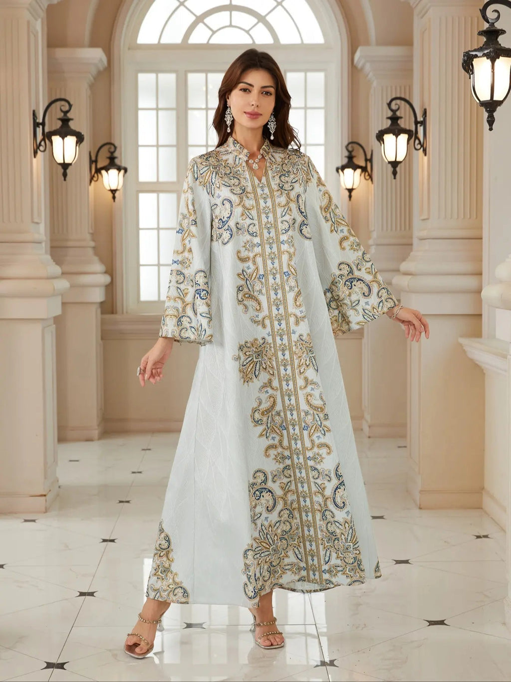 Middle Eastern Women's New Fabric Printed Embellished Dress, Arabic Long Robe Evening Gown Abayas Full Beaded Jalabiya, Abayas For Eid