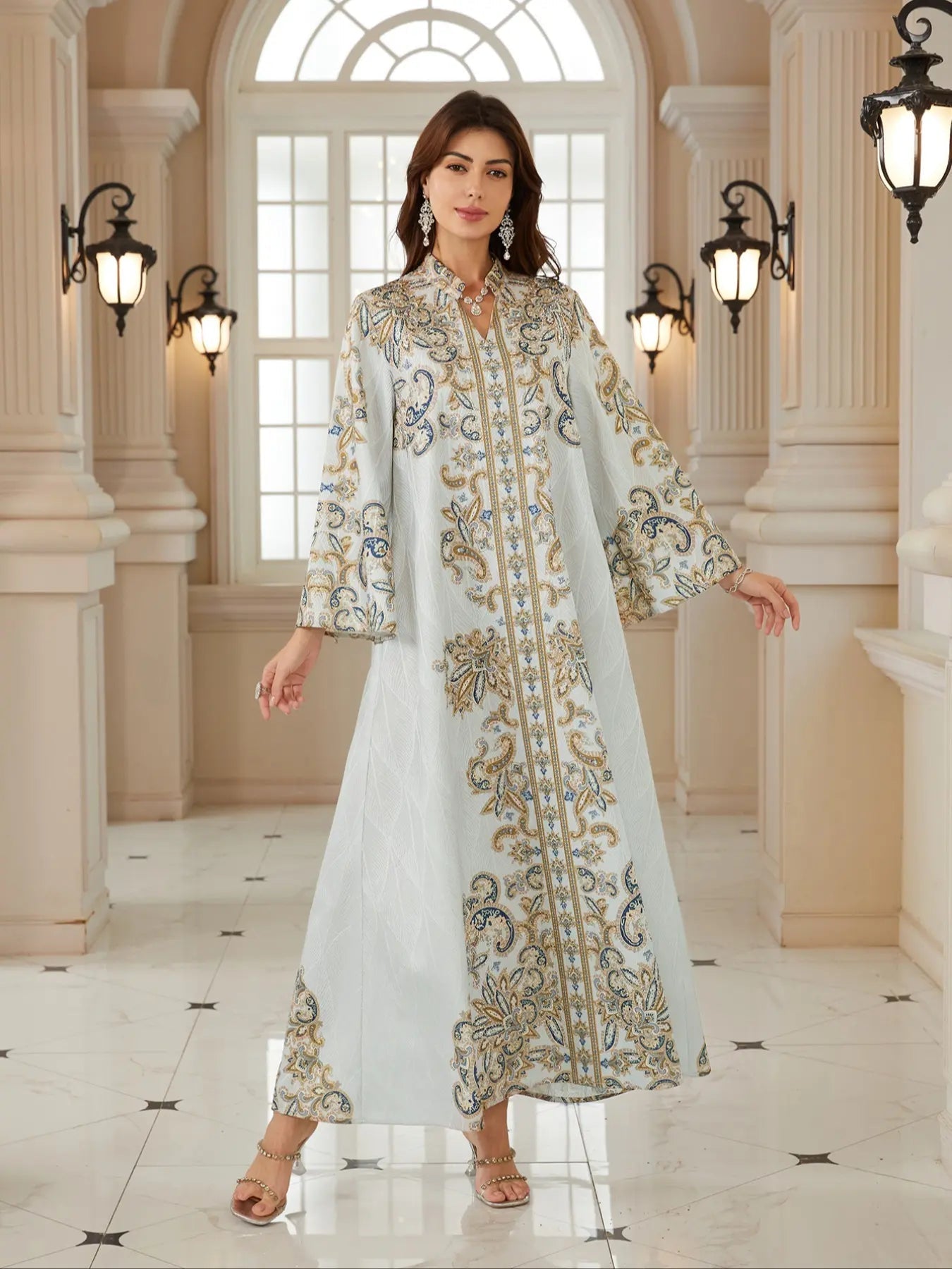 Middle Eastern Women's New Fabric Printed Embellished Dress, Arabic Long Robe Evening Gown Abayas Full Beaded Jalabiya, Abayas For Eid