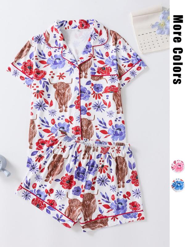 Women's Floral & Cow Print Top & Shorts Pajama Two-piece Set, Casual Comfy Short Sleeve Top & Shorts Pajama Set